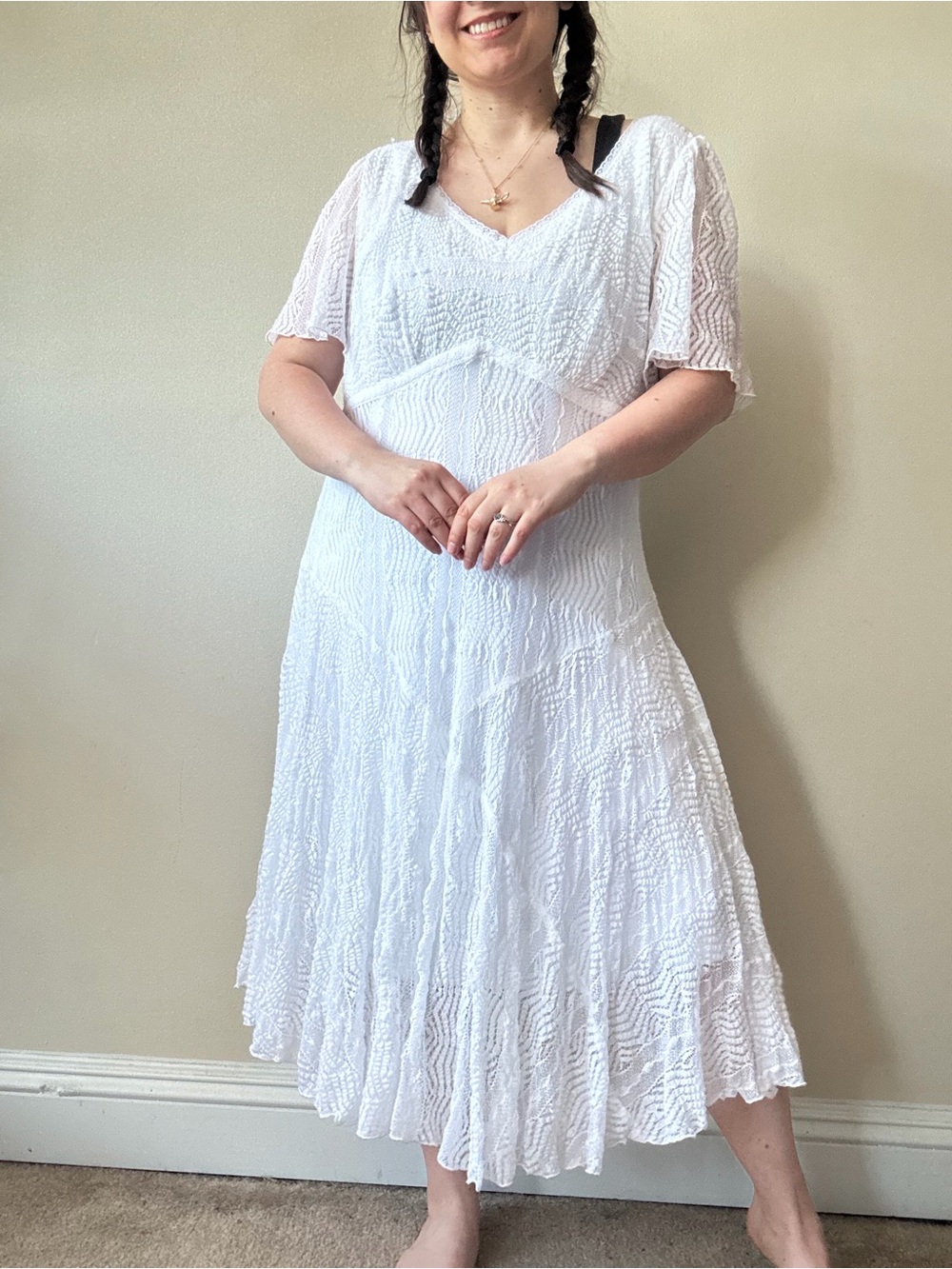 Rabbit Rabbit Rabbit White Textured Midi Dress with V-Neck